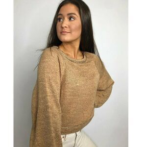 Free People Jade Pullover Sweatshirt Cropped Top Knitted Cozy Tan M New 216238